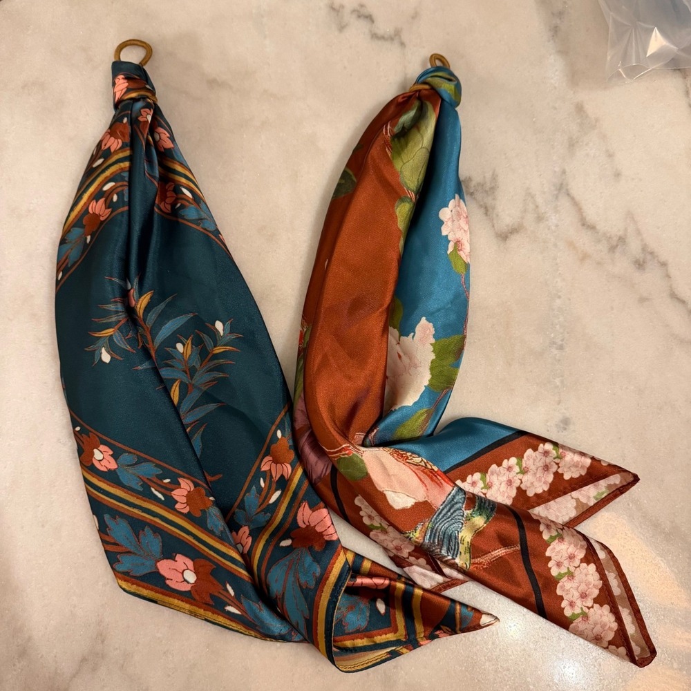 Anthropologie Set of 2 Floral Botanical Square Silk Like Scarves Teal Brown Pink - Picture 4 of 4
